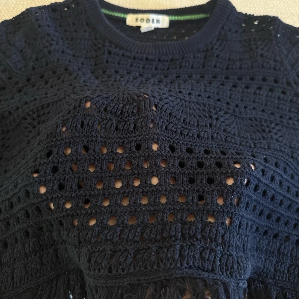 Boden Womens M Crochet Knit Fringe Crop Top Navy Blue Cotton Boho Swim Cover
